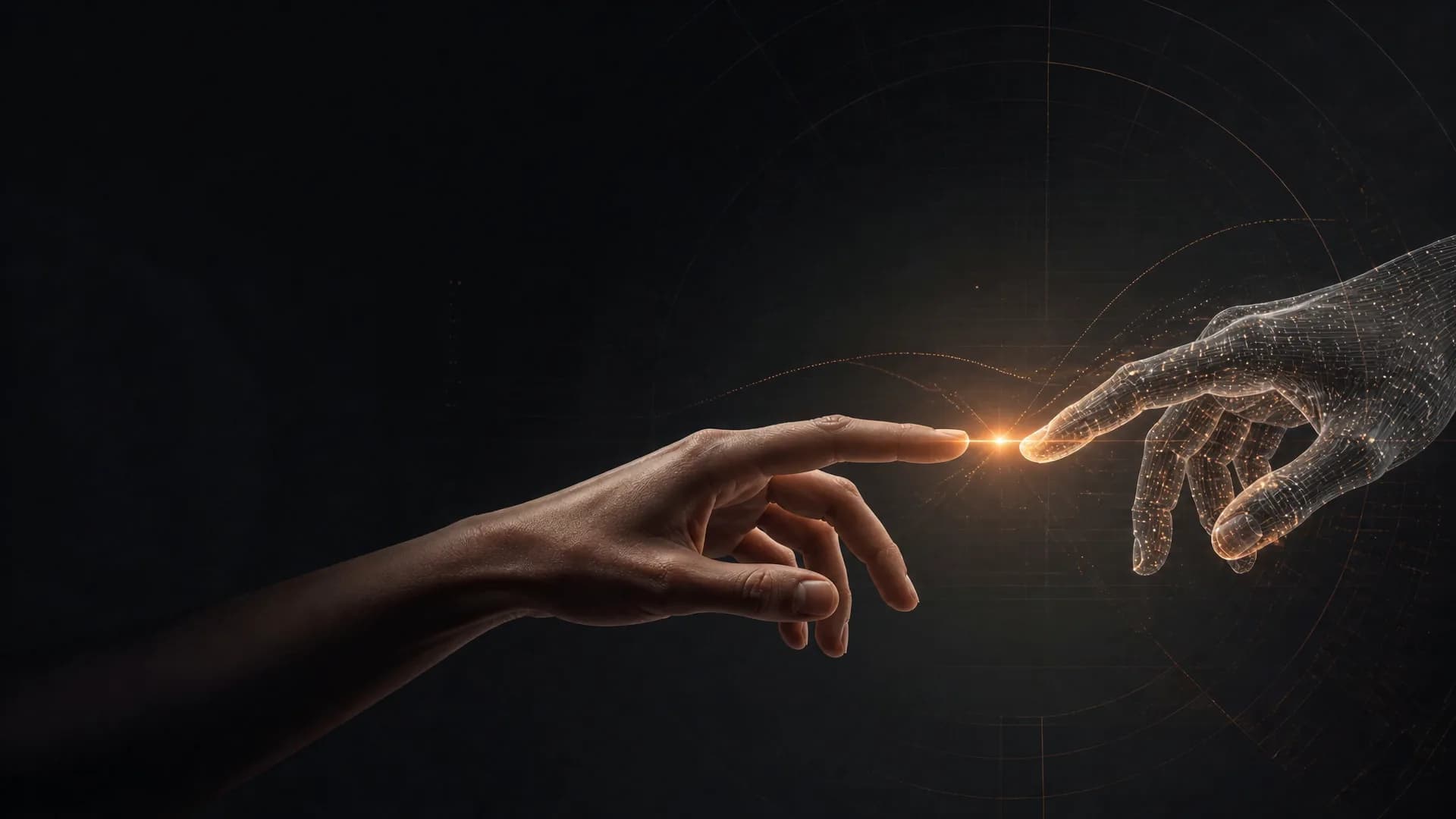 A human hand and a digital hand meeting through a restrained copper signal